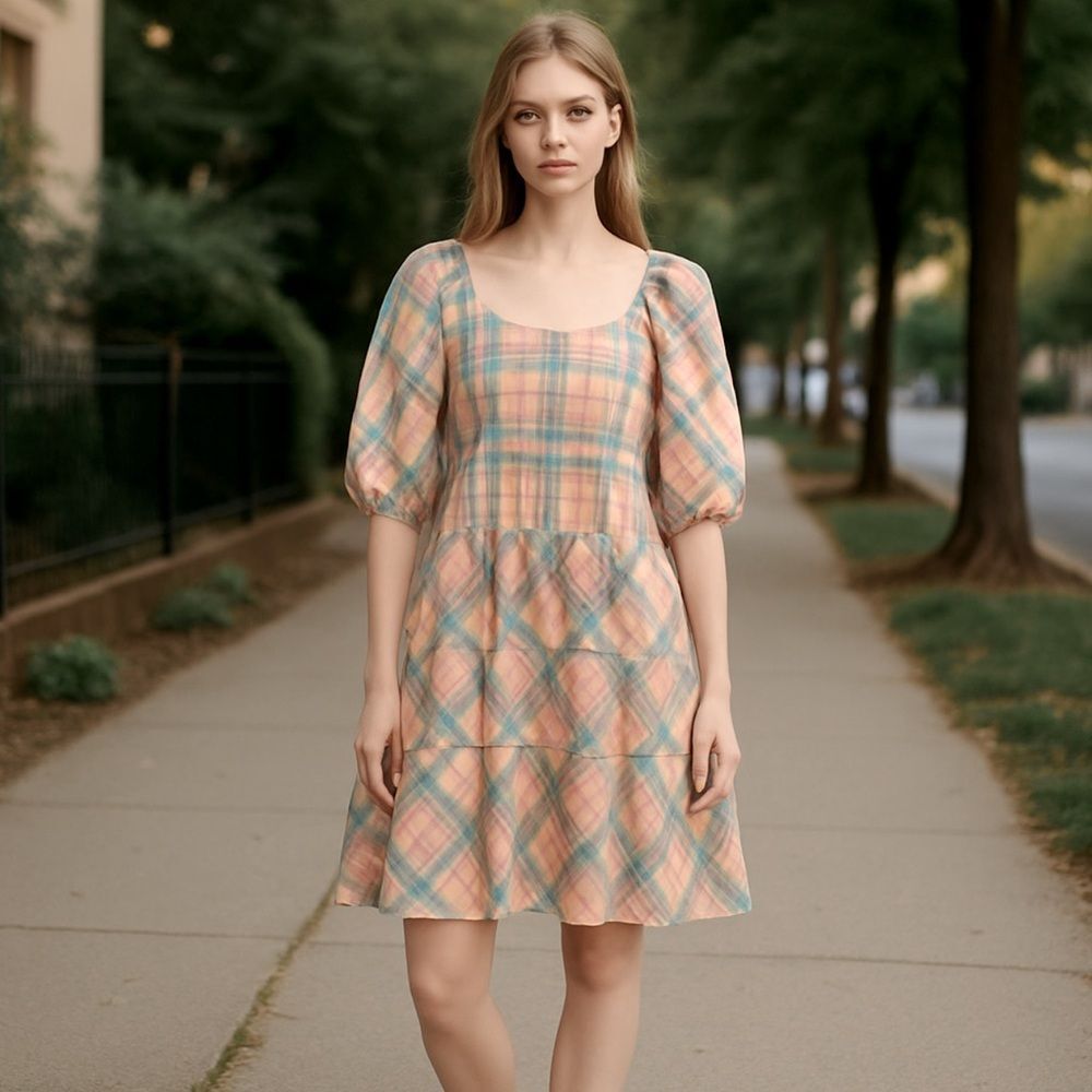 Drew Anthropologie Plaid Ruffle Dress sz Medium NWT